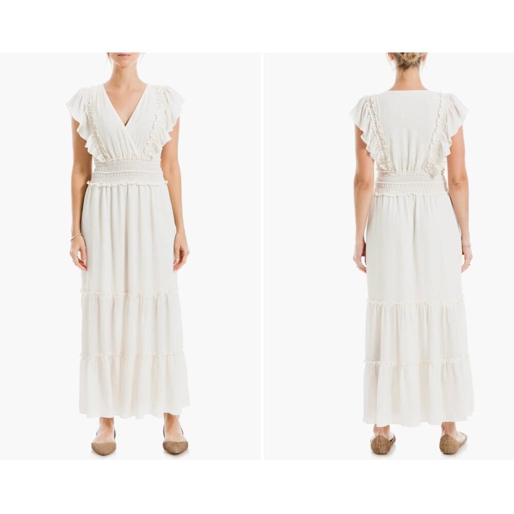 Max Studio Whtie Crepe Flutter Sleeve Maxi Dress size L
